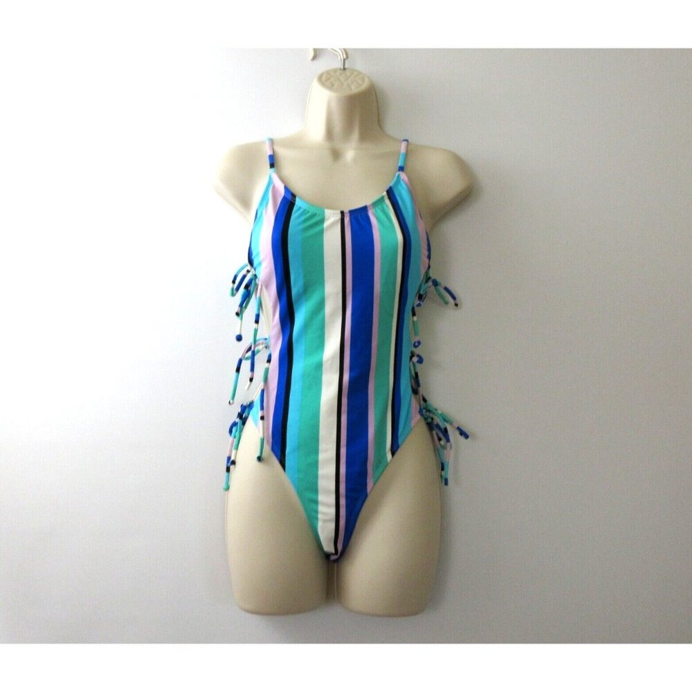 No Boundaries One Piece Bathing Suit Small (3-5) Side Ties Blue Multi Striped